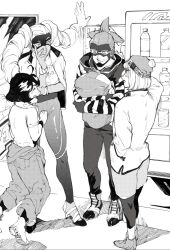 1boy 3girls arms_(game) beanie bob_cut eye_mask full_body hat high_heels hood hoodie jacket jumpsuit jumpsuit_around_waist kakiyakee_(k_key_5) leggings leggings_under_shorts mechanica_(arms) min_min_(arms) monochrome multiple_girls ninjara_(arms) open_clothes open_jacket shoes short_hair sneakers standing twintelle_(arms)