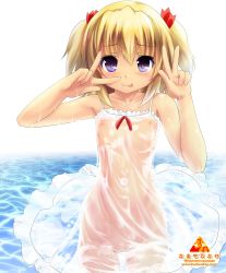  1girl :p absurdres artist_name bare_arms bare_shoulders blonde_hair cleft_of_venus collarbone double_v dress female_focus flat_chest hair_ribbon highres looking_at_viewer namamo_nanase nipples no_panties purple_eyes pussy ribbon see-through_clothes sleeveless sleeveless_dress smile solo sundress sunny_milk tongue tongue_out touhou twintails uncensored v water watermark web_address wet wet_clothes wet_dress white_dress  rating:Explicit score:129 user:danbooru