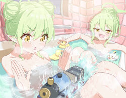  2girls :d bare_shoulders bath blue_archive blush breasts collarbone fang green_hair green_halo hair_bun halo hand_up hikari_(blue_archive) in_bathtub locomotive loli mikumiku37 multiple_girls nozomi_(blue_archive) nude open_mouth pointy_ears rubber_duck same-sex_bathing shared_bathing siblings sisters skin_fang small_breasts smile spread_legs steam_locomotive tiles train twins window yellow_eyes 