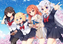  4girls :d :o a-pose aizawa_yukari antenna_hair arm_warmers arrow_hair_ornament black_hair black_pantyhose black_serafuku black_shirt black_shoes black_skirt blonde_hair blue_eyes blue_neckerchief blue_sky blush bow bowtie brown_arm_warmers brown_eyes brown_serafuku brown_shirt brown_skirt buttons cherry_blossoms choker clenched_hand cross-laced_shoes day eyes_visible_through_hair falling_petals fang feet_out_of_frame foot_out_of_frame fuuga_himeno fuyuichi_monme grey_hair hair_between_eyes hair_bow hair_ornament hair_rings hand_up happy highres inuya_komaru kneehighs loafers long_hair long_sleeves looking_ahead looking_at_viewer medium_hair miniskirt mole mole_under_eye multiple_girls neckerchief official_art open_mouth orange_hair outdoors outstretched_arm outstretched_arms outstretched_hand pantyhose paw_print petals pink_choker pleated_skirt promotional_art purple_eyes red_bow red_bowtie red_eyes ren&#039;ai_hajimemashite sacraneco sailor_collar school_uniform serafuku shirt shoes short_sleeves side-by-side single_hair_intake skin_fang skirt sky smile sneakers socks spring_(season) star_(symbol) star_hair_ornament straight_hair tenshi-chan_(ren&#039;ai_hajimemashite) two_side_up unasaka_ryou very_long_hair white_sailor_collar white_shirt white_shoes white_socks yuunagi_seshina 