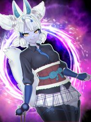  1girl animal_ears blue_skin chromatic_aberration colored_skin elbow_gloves extra_ears fingerless_gloves fox_ears fox_girl fox_tail ginkaku_(kemono_friends) gloves grey_hair highres horns kemono_friends long_hair looking_at_viewer necktie ribbon shirt shivuakichi skirt solo tail thighhighs yellow_eyes 