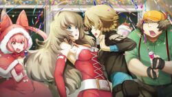  1boy 3girls akiha_rumiho amane_suzuha amane_suzuha_(beta) amane_yuki animal_ear_hairband animal_ears armpits belt belt_buckle belt_pouch black_jacket blue_eyes blue_jacket blue_track_suit braid breast_pocket breasts brown_eyes brown_hair buckle capelet cat_ears christmas christmas_ornaments cleavage collared_shirt confetti constricted_pupils cropped_jacket cross_tie detached_sleeves dress drill_hair eye_contact fake_animal_ears fat fat_man fingerless_gloves fur-trimmed_capelet fur-trimmed_collar fur-trimmed_dress fur-trimmed_hood fur_trim game_cg gloves green_pants green_shirt grey_pants hair_rings hairband hand_on_another&#039;s_nape hashida_itaru hat high_collar highres hood huke indoors jacket jacket_over_jacket leather leather_belt leather_jacket long_hair looking_at_another lower_teeth_only medium_breasts mother_and_daughter multiple_girls nervous_sweating non-web_source nostrils official_alternate_costume official_art open_collar open_mouth overalls pants party_popper pink_eyes pink_hair pocket pouch red_dress red_eyes red_overalls ringed_eyes santa_costume shirt short_hair sideboob sleeveless sleeveless_dress sleeves_rolled_up small_breasts steins;gate steins;gate_0 surprised sweat teeth tongue track_jacket track_suit tsurime twin_braids twin_drills twintails wavy_hair white_belt window yellow_eyes 