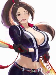  1girl ;d arms_under_breasts belt black_gloves breasts brown_eyes brown_hair cleavage collarbone cropped_jacket dual_wielding fatal_fury fatal_fury:_city_of_the_wolves floating_hair gloves hand_fan high_ponytail highres holding holding_fan large_breasts long_hair looking_at_viewer midriff motoyui navel official_alternate_costume one_eye_closed open_mouth pants ponytail shiranui_mai simple_background smile solo stomach street_fighter street_fighter_6 uixy very_long_hair white_background zipper zipper_pull_tab 
