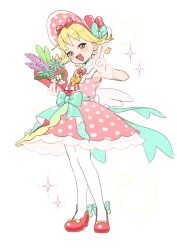  1girl absurdres amitie_(puyopuyo) amitie_(spotlight)_(puyopuyo) artist_name belt block_heels blonde_hair blue_belt blue_bow blue_flower bonnet bouquet bow bow_hairband bowtie commentary dress flat_chest flower flower_request footwear_bow full_body gloves green_eyes green_flower hairband hand_up hat hat_bow high_heels highres holding holding_bouquet looking_at_viewer motimoti_mgmg open_mouth pantyhose pink_dress pink_hat polka_dot polka_dot_dress polka_dot_headwear purple_flower puyopuyo puyopuyo_quest red_bow red_hairband red_shoes see-through_clothes see-through_gloves shoes short_hair simple_background sleeveless sleeveless_dress smile solo sparkle standing twitter_username v white_background white_flower white_pantyhose yellow_bow 