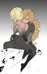  2girls amputee armless_amputee ass blonde_hair blood blood_on_cheek blood_on_face brown_eyes brown_hair clenched_teeth collared_shirt colored_skin commentary completely_nude cookie_run cookie_run:_ovenbreak cracked_skin croissant_cookie croissant_cookie_(director_of_the_tbd) curly_hair curtained_hair dark-skinned_female dark_skin double_amputee drill_hair drill_ponytail english_commentary feet_out_of_frame from_behind full_body furrowed_brow gradient_background gradient_skin grey_background grey_pants grey_shirt grey_skin grey_vest hair_between_eyes hand_on_another&#039;s_back hand_on_another&#039;s_head highres hug humanization long_hair looking_at_another low_ponytail mechanical_arms multiple_girls nude official_alternate_costume official_alternate_hair_length official_alternate_hairstyle ohta_guk_hip pants pinstripe_pants pinstripe_pattern pinstripe_shirt ponytail protected_link shirt short_hair simple_background single_mechanical_arm sitting sweat teeth timekeeper_cookie timekeeper_cookie_(ruler_of_the_ephemeral_flow) trembling very_long_hair vest white_background 