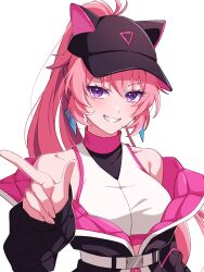  1girl animal_hat black_jacket blush brown_hat cat_hat character_request hat high_ponytail highres jacket long_hair long_sleeves looking_at_viewer pink_hair pochimaru_(marumaru_wanwan) ponytail purple_eyes shirt smile solo teeth to_be_hero to_be_hero_x white_background white_shirt 