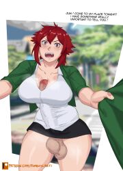  1futa absurdres aizawa_tomo autopaizuri autopaizuri_under_clothes blush breasts erection fang femboycarti futanari highres holding holding_shirt holding_unworn_clothes huge_penis large_breasts masturbation miniskirt paizuri penis red_eyes red_hair school_uniform shirt short_hair skirt solo speech_bubble standing sweat sweatdrop testicles thick_thighs thighs tomboy tomo-chan_wa_onna_no_ko unworn_shirt white_background 