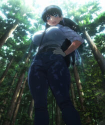  1girl anime_screenshot arato_nagi belt black_hair blue_eyes blue_pants breasts buttons denim dress_shirt earrings gloves hand_on_own_hip highres jeans jewelry large_breasts long_hair open_mouth pants ruri_no_houseki shirt shirt_tucked_in sleeves_rolled_up stitched thick_thighs thighs third-party_edit white_gloves white_shirt wide_hips 