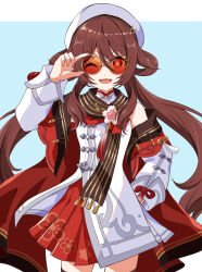  1girl ankoro blue_background breasts bright_pupils brown_eyes brown_hair brown_scarf commentary_request cowboy_shot dress floral_print flower-shaped_pupils genshin_impact glasses hair_rings hat highres hu_tao_(cherries_snow-laden)_(genshin_impact) hu_tao_(genshin_impact) long_hair looking_at_viewer official_alternate_costume one_eye_closed open_mouth pince-nez pleated_skirt red-tinted_eyewear red_skirt round_eyewear scarf skirt small_breasts solo sunglasses symbol-shaped_pupils tassel thighhighs tinted_eyewear twintails very_long_hair white_dress white_hat white_pupils zettai_ryouiki 