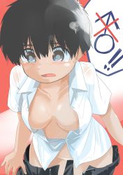 1girl absurdres black_hair blue_eyes blush breasts clothes_pull female_focus genderswap genderswap_(mtf) haida_katsuretsu highres mars_symbol original pants pants_pull pussy red_background short_hair simple_background solo undressing rating:Explicit score:19 user:Dweenie