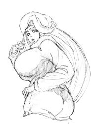  1girl ass breasts cropped_legs curvy fur_hat hand_on_own_hip hand_up hat kubo_tite_(style) large_breasts long_hair long_sleeves looking_at_viewer looking_back melony_(pokemon) monochrome nintendo parody parted_lips plump pokemon pokemon_swsh rakusakugk short_hair shorts side_slit side_slit_shorts simple_background sketch solo style_parody ushanka white_background  rating:Sensitive score:27 user:danbooru