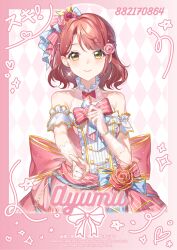 1girl absurdres argyle_background bare_shoulders blunt_bangs blush braid breasts buttons character_name closed_mouth collarbone detached_sleeves double-breasted dress elbow_gloves gloves half_up_braid half_updo highres jingshenquan looking_at_viewer love_live! love_live!_nijigasaki_high_school_idol_club love_live!_school_idol_festival_all_stars medium_breasts medium_hair official_alternate_costume pink_background pink_dress pink_hair see-through_clothes see-through_gloves short_sleeves sleeveless sleeveless_dress smile solo swept_bangs uehara_ayumu uehara_ayumu_(all_star_princess) yellow_eyes
