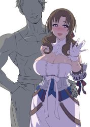 1boy 1girl bow breasts brown_eyes brown_hair cleavage commentary dress gloves greyscale grin hair_bow hand_in_pocket hand_on_another&#039;s_hip happy heart heart-shaped_pupils kisuu large_breasts looking_at_viewer manly mature_female monochrome motherly_netorare muscular netorare oosuki_mamako sleeveless sleeveless_dress smile sweat symbol-shaped_pupils tsuujou_kougeki_ga_zentai_kougeki_de_ni-kai_kougeki_no_okaasan_wa_suki_desu_ka? waving white_dress white_gloves rating:Questionable score:162 user:danbooru