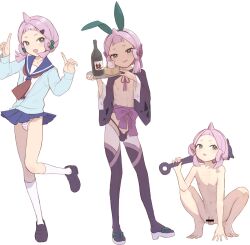 1boy :d animal_ears bar_censor bare_shoulders barefoot black_panties black_shoes black_thighhighs bottle censored commentary_request completely_nude fake_animal_ears full_body holding holding_weapon index_finger_raised miyako_(naotsugu) multiple_views nipples nude open_mouth original panties penis rabbit_ears school_uniform serafuku shoes shota simple_background smile socks solo squatting standing standing_on_one_leg striped_clothes striped_panties thighhighs toes trap underwear weapon white_background white_socks zenra