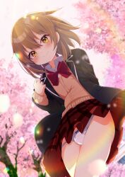  1boy absurdres anonymous_crossdresser blazer blush bow bowtie brown_hair bulge cherry_blossoms closed_mouth collared_shirt commission from_below highres jacket looking_at_viewer male_focus original panties red_skirt shiro9jira shirt skeb_commission skirt smile solo sweater_vest trap underwear white_panties white_shirt 