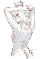  1girl agnes_tachyon_(umamusume) animal_ears calamity_brezze from_behind hairdressing horse_ears horse_girl horse_tail looking_back solo sports_bra sweat tail umamusume 