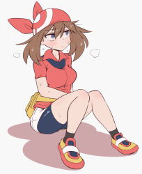  1girl bandana bike_shorts black_shorts black_socks blue_eyes breasts brown_hair closed_mouth fanny_pack full_body hair_between_eyes highres kurachi_mizuki looking_to_the_side may_(pokemon) nintendo pokemon pokemon_rse red_bandana red_shirt red_shoes shirt shoes short_hair short_sleeves shorts sitting socks solo sweat  rating:General score:7 user:RIG