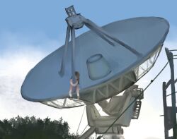  1girl black_shoes blue_sky blunt_bangs brown_eyes brown_hair cloud cloudy_sky commentary dress english_commentary foliage foot_dangle long_hair mary_janes object_focus original peeking_out pink_dress power_lines radio_telescope satellite_dish shoes short_sleeves sitting sitting_on_object sketch sky socks solo tree utility_pole white_socks zoolpal 
