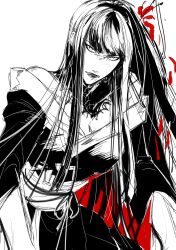  1girl collar cowboy_shot final_fantasy final_fantasy_xiv frown greyscale highres hyur japanese_clothes kimono long_hair looking_at_viewer monochrome obi off_shoulder ps_(postscript) sash simple_background sketch solo spot_color white_background yotsuyu_goe_brutus 