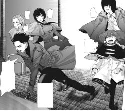 2boys 3girls angry aura_shinsanpei crying female_focus full_body grey_background grey_jacket jacket looking_at_another male_focus multiple_boys multiple_girls running tokyo_ghoul
