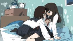  2girls absurdres alarm_clock black_sailor_collar black_skirt black_socks clock hair_ornament hairclip highres indoors kneehighs long_hair multiple_girls on_bed original pleated_skirt sailor_collar school_uniform serafuku shirt short_hair sitting skirt socks tsukumizu_yuu white_shirt yuri 