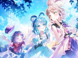  3girls belt black_belt black_ribbon black_skirt blonde_hair blue_background blue_dress blue_eyes blue_hair chinese_clothes closed_eyes commentary_request dress drill_hair drill_sidelocks earmuffs flower hair_ornament hair_rings hair_stick hat hat_ornament highres it_po_(sss_cmy) jiangshi kaku_seiga looking_at_another miyako_yoshika multiple_girls neck_ribbon newsboy_cap ofuda open_clothes open_mouth open_vest pink_shirt puffy_short_sleeves puffy_sleeves purple_hair purple_hat purple_ribbon red_shirt ribbon ritual_baton shirt short_hair short_sleeves sidelocks skirt sleeveless sleeveless_shirt smile star_(symbol) star_hat_ornament tangzhuang touhou toyosatomimi_no_miko vest white_flower white_vest yellow_eyes 