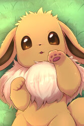  brown_eyes commentary day eevee from_above gen_1_pokemon grass highres looking_at_viewer lying nintendo no_humans on_back open_mouth outdoors pokemon pokemon_(creature) pokemon_focus rumine_(yoshi1234567) solo 