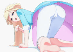 1girl all_fours ass barefoot blonde_hair blue_dress blue_eyes blurry blurry_foreground blush capri_pants casual commentary depth_of_field dress foreshortening half-closed_eyes half_updo leggings long_hair long_sleeves nekoyashiki_yuki open_mouth pants paw_pose precure short_dress simple_background solo tiler_(tiler00) white_background white_leggings wonderful_precure! rating:Sensitive score:19 user:danbooru
