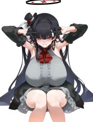  1girl absurdres armpits arms_up bare_legs black_gloves black_hair black_hat blue_archive blush breasts center_frills cosplay detached_sleeves dokshuri double_v feet_out_of_frame frills gloves grey_shirt grey_skirt halo hat highres huge_breasts invisible_chair long_hair looking_at_viewer mini_hat red_eyes rio_(blue_archive) sakurako_(blue_archive) sakurako_(blue_archive)_(cosplay) sakurako_(idol)_(blue_archive) shirt simple_background sitting skirt sleeveless sleeveless_shirt solo straight_hair tilted_headwear v v_over_eye very_long_hair white_background 