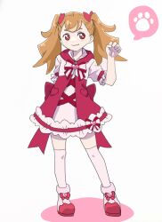  :3 adapted_costume anime_coloring back_bow bare_arms boots bow bowtie brooch brown_hair chou_haijin_chiyo closed_mouth colored_shadow cosplay cross-laced_clothes cross-laced_dress cure_miracle cure_miracle_(cosplay) cure_miracle_(ruby_style) dot_nose dress dress_bow eyelashes footwear_bow frilled_dress frilled_sleeves frills hair_bow heart heart_brooch highres hood hood_down hooded_dress inukai_komugi jewelry layered_dress long_hair loose_hair_strand magical_girl mahou_girls_precure! multicolored_boots over-kneehighs paw_pose paw_print pink_brooch precure puffy_short_sleeves puffy_sleeves red_boots red_bow red_bowtie red_dress red_eyes red_hood shadow short_dress short_sleeves simple_background single_stripe smile socks speech_bubble spoken_paw_print standing striped_bow striped_bowtie striped_clothes tareme thighhighs twintails two-tone_boots white_background white_boots white_dress white_socks wonderful_precure! 