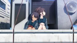  2girls :o arms_on_knees black_hair black_stripes blazer blue_sailor_collar bob_cut bow brown_eyes brown_hair buttons chest_bow chuo_tanegashima_high_school_uniform chuo_tanegashima_high_winter_school_uniform closed_eyes collarbone daitoku_junna dark-skinned_female dark_skin fukuda_tomonori game_cg grey_jacket grey_shirt hair_between_eyes head_on_another&#039;s_shoulder high_ponytail highres jacket knees_up leaning_on_person leaning_to_the_side long_sleeves looking_to_the_side mecha motor_vehicle multiple_girls non-web_source official_art on_truck open_mouth ponytail ponytail_with_braided_base red_bow robot robotics;notes sailor_collar school_uniform senomiya_akiho shiny_lips shiny_skin shirt short_hair side-by-side sitting sleeping sleeping_on_person sleeping_upright smile truck 