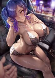  1girl 1other absurdres azur_lane bare_arms bare_shoulders blue_hair blue_nails blush bracelet breasts car_interior cleavage collarbone commentary dress earrings english_commentary hair_ornament hand_on_own_chest highres jewelry large_breasts long_hair looking_at_viewer nail_polish navel necklace official_alternate_costume paid_reward_available parted_lips patreon_username pov purple_eyes queasy_s side_ponytail sideboob silver_dress sitting smile st._louis_(azur_lane) st._louis_(luxurious_wheels)_(azur_lane) thighs 