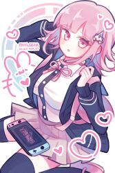  1girl :o absurdres artist_name black_jacket black_shirt black_thighhighs breasts brown_hair brown_skirt collared_shirt danganronpa_(series) danganronpa_2:_goodbye_despair game_over hair_ornament heart highres jacket large_breasts long_sleeves looking_at_viewer medium_hair millqua miniskirt nanami_chiaki neck_ribbon nintendo_switch open_clothes open_jacket pink_eyes pink_hair pink_ribbon pleated_skirt ribbon shirt shoes skirt solo spaceship_hair_ornament thighhighs white_shirt 
