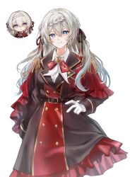  1girl artist_name belt black_ribbon blue_eyes blue_hair bow bowtie braid brown_belt brown_dress buttons capelet closed_mouth collared_shirt cowboy_shot dress epaulettes firefly_(honkai:_star_rail) firefly_(vision)_(honkai:_star_rail) frills gloves gradient_hair grey_hair hair_between_eyes hair_ribbon hand_on_own_hip highres honkai:_star_rail honkai_(series) lapels long_hair looking_at_viewer multicolored_eyes multicolored_hair neckerchief official_alternate_costume purple_eyes red_bow red_bowtie red_capelet red_dress ribbon shirt simple_background single_sidelock smile solo standing two-tone_dress visharie wavy_hair white_background white_gloves white_neckerchief white_shirt 