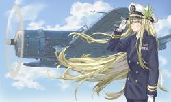  1girl absurdres aircraft airplane alternate_costume arknights arm_at_side arm_up black_jacket blonde_hair blue_sky blush buttons closed_mouth cloud commentary commentary_request day double-breasted elf english_commentary f4u_corsair gloves hair_between_eyes hat highres jacket lapels long_hair long_sleeves lt_mue medal military_hat military_jacket military_vehicle mixed-language_commentary muelsyse_(arknights) outdoors peaked_cap pointy_ears profile propeller_fighter salute sky smile solo star_(symbol) very_long_hair white_gloves white_hat wind world_war_ii yellow_eyes 