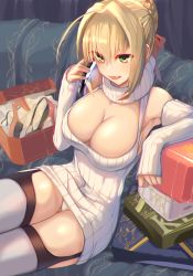 1girl absurdres ahoge arm_rest blonde_hair blush breasts cellphone cleavage detached_sleeves dress fate/extra fate_(series) female_focus garter_straps green_eyes hair_intakes hair_tie high_heels highres large_breasts long_sleeves looking_at_viewer meme_attire nero_claudius_(fate) nero_claudius_(fate/extra) open-chest_sweater open_mouth panties pantyshot phone ponytail red_shoes satou_daiji shoes sitting smartphone solo sweater sweater_dress talking_on_phone thighhighs turtleneck underwear white_panties white_thighhighs  rating:Sensitive score:54 user:danbooru
