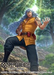  1boy adio_suerte arm_tattoo belt belt_pouch boots commentary_request copyright_name forest hand_on_own_hip long_hair looking_to_the_side male_focus nature official_art one_piece one_piece_card_game open_mouth outdoors pants pouch smile solo tatsuya_(atelier_road) tattoo teeth upper_teeth_only vest 