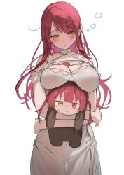  1girl bare_shoulders blush bow bow_earrings braid breasts choker crossed_arms dress earrings heterochromia highres holding hololive houshou_kumarine houshou_marine houshou_marine_(loungewear) jewelry jitome large_breasts long_hair narrowed_eyes open_mouth red_eyes red_hair see-through_silhouette side_slit simple_background takeno_omoti virtual_youtuber white_background white_bow white_choker white_dress yellow_eyes 