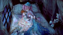  2girls absurdres ankle_bow ankle_ribbon bare_shoulders bedroom blue_bow blue_choker blue_dress blue_gloves blue_hat blue_veil bow brown_eyes chaogecc choker closed_eyes closed_mouth curtains dance_till_dawn_(infinity_nikki) dark daughter_of_the_lake_(infinity_nikki) detached_sleeves diamond_print dress elbow_gloves expressionless eyelashes feet_out_of_frame flower frilled_dress frilled_gloves frills gloves gown hat hat_ribbon highres hug indoors infinity_nikki lap_pillow light_blush lipstick lolita_fashion long_dress long_sleeves looking_at_another lying makeup medium_dress multiple_girls night nikki_(series) no_shoes official_alternate_color on_bed on_side orchid pantyhose pillow pink_lips pink_ribbon plaid_clothes plaid_gloves ribbon see-through_clothes see-through_veil sitting sleeping smile strapless strapless_dress stuffed_animal stuffed_toy teddy_bear top_hat vase veil vertical-striped_sleeves white_flower white_pantyhose white_sleeves white_wrist_cuffs window wrist_cuffs 