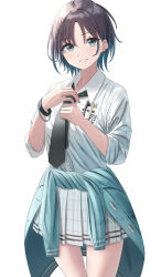  1girl ahoge asakura_toru blue_cardigan blue_eyes blue_hair bracelet breast_pocket cardigan cardigan_around_waist clothes_around_waist collared_shirt commentary dress_shirt ear_piercing earrings gradient_hair grey_hair grey_skirt highres idolmaster idolmaster_shiny_colors jewelry multicolored_hair open_mouth parted_lips piercing plaid_clothes plaid_skirt pleated_skirt pocket ritug36k school_uniform shirt simple_background skirt solo three-quarter_sleeves white_background white_shirt  rating:General score:0 user:danbooru