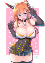 1girl ahoge azur_lane bangle bare_shoulders bell black_gloves blue_eyes blunt_bangs blush bracelet breasts c.r. character_name cleavage collar collarbone curvy double_v drooling elbow_gloves female_focus foxhound_(azur_lane) foxhound_(retrofit)_(azur_lane) gloves hair_ornament hairclip headgear heart heart-shaped_pupils highres jewelry large_breasts looking_at_viewer open_mouth orange_hair outside_border pleated_skirt pussy_juice pussy_juice_trail remodel_(azur_lane) saliva saliva_trail short_hair_with_long_locks sidelocks signature skirt smile solo sweat sweatdrop symbol-shaped_pupils thighhighs thighs tongue v wide_hips rating:Explicit score:52 user:danbooru