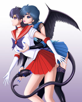 1futa 1girl bishoujo_senshi_sailor_moon black_hair black_wings blue_choker blue_eyes blue_hair blue_nails bow bowtie breasts choker circlet collarbone compression_sleeve corruption dark_mercury dark_persona demon_girl elbow_gloves eyeshadow fingernails futa_with_female futanari gloves highres hino_rei implied_futanari kiryu_(pixiv1983506) large_breasts long_hair makeup medium_breasts mizuno_ami nail_polish pink_lips pleated_skirt purple_bow purple_bowtie purple_eyes purple_eyeshadow red_brooch red_choker red_sailor_collar red_skirt sailor_collar sailor_mars sailor_mercury sharp_fingernails shirt short_hair skirt tail_pussy white_gloves white_shirt wings 
