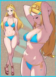  1girl armpits arms_behind_head artistic_error bikini blonde_hair blue_bikini blue_border border braid breasts cleavage commentary crown_braid elementary_(lolipope) green_eyes hair_ornament hairclip highres large_breasts long_hair multiple_views navel nintendo pointy_ears princess_zelda revision sandals side-tie_bikini_bottom sidelocks smile swimsuit the_legend_of_zelda the_legend_of_zelda:_breath_of_the_wild wrong_foot 
