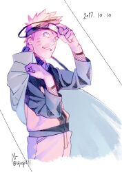  1boy blue_eyes dated fishnets forehead_protector grin highres jacket long_sleeves male_focus naruto_(series) naruto_shippuuden ninja orange_jacket orange_pants pants short_hair simple_background smile solo spiked_hair teeth uzumaki_naruto white_background zifletts 