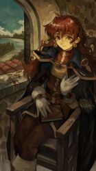  1girl absurdres armchair armor bag black_headband blue_sky blush book breasts cape chair cloud coin earrings forest gloves hands_on_own_hips headband highres impressionism jewelry kornod lina_inverse long_hair looking_at_viewer nature orange_hair pauldrons red_eyes river rooftop shoulder_armor sitting sky slayers smile solo window 