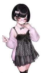  1girl absurdres akalee black_hair black_nails black_nightgown black_ribbon black_thighhighs breasts brown_eyes chinese_commentary cleavage closed_mouth collarbone commentary_request cowboy_shot earrings glasses hair_ornament highres jacket jewelry long_sleeves looking_at_viewer medium_breasts mole mole_under_eye nail_polish nightgown open_clothes open_jacket original piercing pink_jacket ribbon short_hair simple_background single_bare_shoulder solo thighhighs white_background x_hair_ornament 