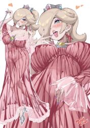  1girl blonde_hair blue_eyes blush breasts cleavage crown dress earrings female_masturbation hair_over_one_eye heart heart-shaped_pupils high_heels highres in_heat jewelry large_breasts mario_(series) masturbation masturbation_through_clothes mini_crown multiple_views nail_polish naughty_face nintendo no_panties open_mouth parted_lips ponytail red_dress rosalina saliva see-through_clothes see-through_dress smile star_(symbol) star_earrings symbol-shaped_pupils teeth toggy_keiichi 