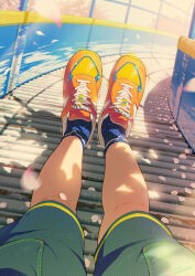  1boy blurry depth_of_field feet halftone legs male_focus noeyebrow_(mauve) original petals pov pov_legs shoes shorts socks solo 