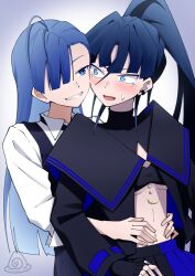  2girls ado_(utaite) ahoge black_gloves black_shirt black_vest blue_eyes blue_hair blush breasts commentary_request ear_piercing fingerless_gloves gloves hair_between_eyes hair_over_one_eye hands_on_another&#039;s_stomach highres long_hair merry_(ado) midriff multiple_girls naima_(ado) navel nori_(norinori_yrl) open_mouth piercing pleated_skirt ponytail readymade_(ado) shirt skirt sweatdrop underboob usseewa vest white_shirt yuri 
