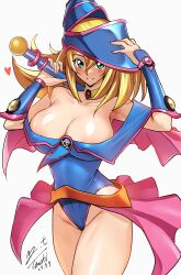  1girl absurdres bare_shoulders blonde_hair blue_hat blue_leotard blush blush_stickers bracer breasts cape cleavage collarbone commentary dark_magician_girl dated duel_monster gem green_eyes groin hair_between_eyes hand_on_headwear hat heart highres holding holding_wand large_breasts leotard long_hair looking_at_viewer multicolored_leotard pentacle phrygian_helmet pink_cape pink_gemstone pink_hat pink_leotard pink_skirt pink_trim red_gemstone showgirl_skirt signature simple_background skirt smile solo thighs two-tone_hat two-tone_leotard wand white_background wizard_hat yellow_collar yellow_gemstone yoo_tenchi yu-gi-oh! 